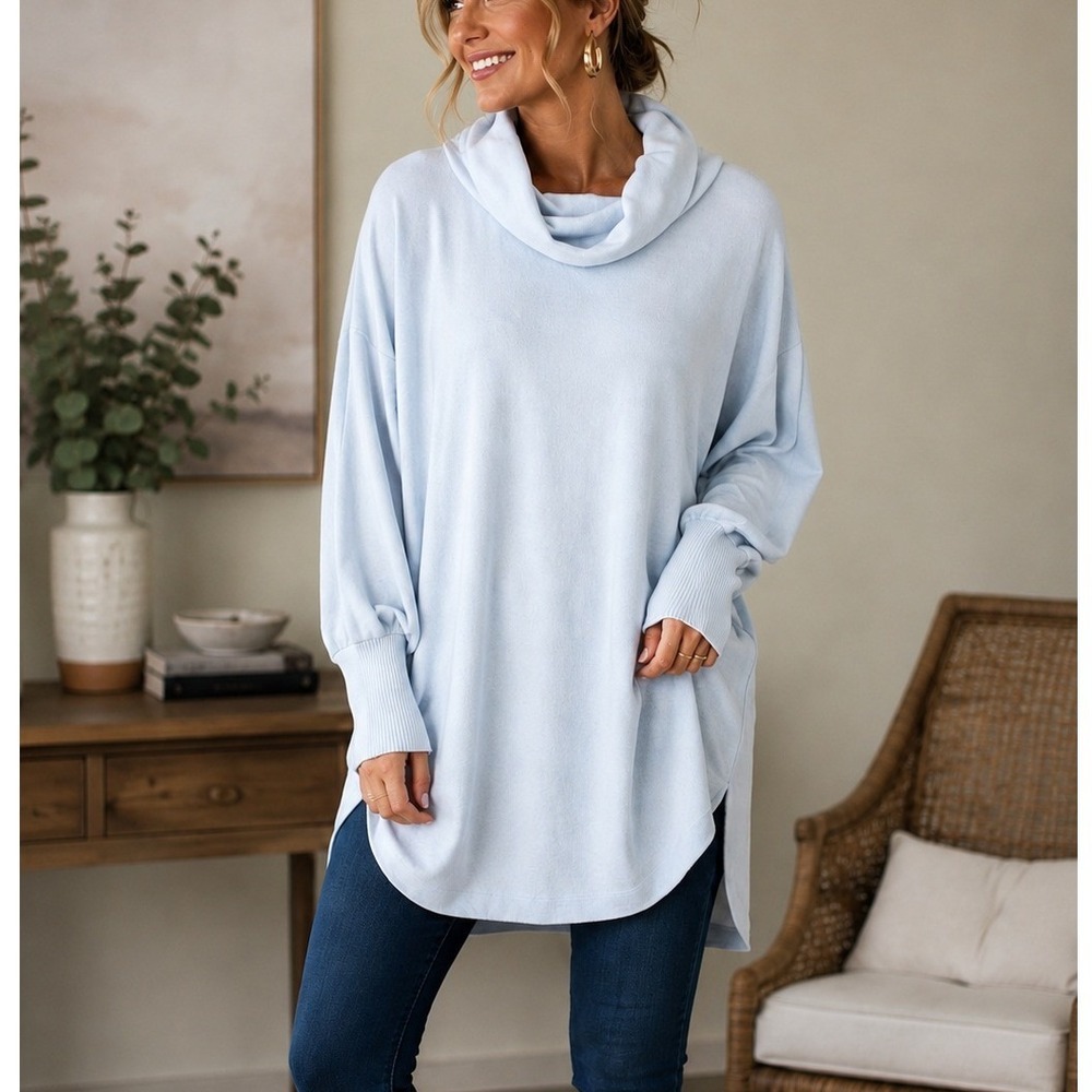 Maeve Anthropologie Cowl Neck Tunic Sweater Powder Blue Medium Oversized Knit